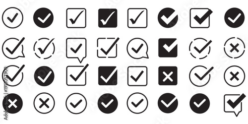 Check mark icons. Green check mark icon and red cross icon sheet. green tick and red x. Symbols of approval and Decline, outline and fill vector illustration