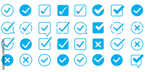 Check mark icons. Green check mark icon and red cross icon sheet. green tick and red x. Symbols of approval and Decline, outline and fill vector illustration