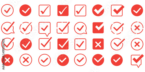 Check mark icons. Green check mark icon and red cross icon sheet. green tick and red x. Symbols of approval and Decline, outline and fill vector illustration