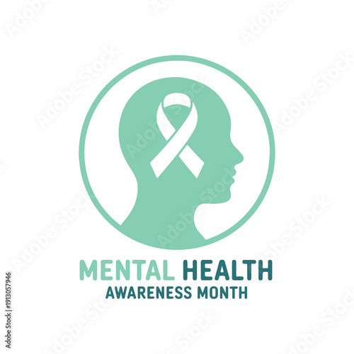 Silhouette of a human head with a green ribbon symbolizing mental health awareness month set against a clean white background emphasizing mental wellness and support