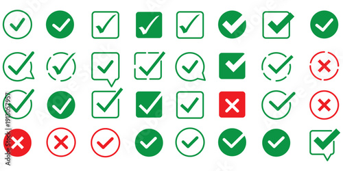 Check mark icons. Green check mark icon and red cross icon sheet. green tick and red x. Symbols of approval and Decline, outline and fill vector illustration