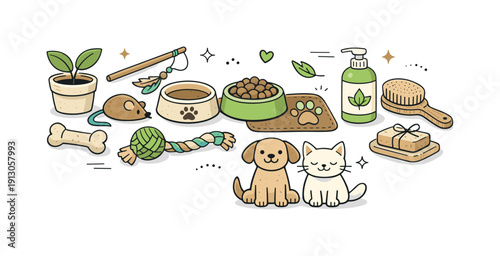    Sustainable pet products. Pet toys, bowls, and grooming items made from eco materials arranged neatly. Conscious choice and clean modern