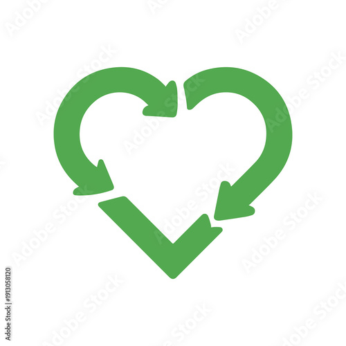 Green heart shaped recycling symbol with arrows in a continuous loop illustrating sustainability and eco friendliness in a minimalist style