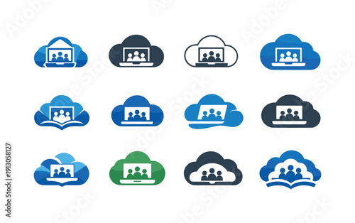 Virtual Classroom Logos. Virtual classrooms. Icon set. Set Logo of virtual classrooms: cloud-based education platform symbol. harmonious logo variations of the