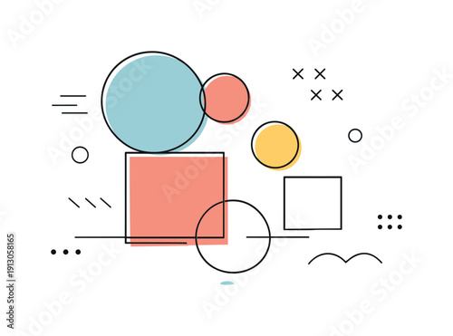    Geometric patterns. A balanced arrangement of circles, squares, and lines forming a calm abstract composition. Clean modern mood with plenty