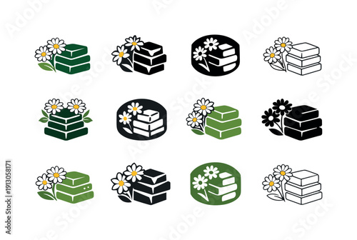 Soap making with botanical ingredients. Icon set. Set Logo of soap making with botanical ingredients: chamomile and soap stack. harmonious