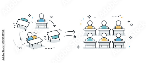 Organized Classroom Design. Classroom organization concept. Desks and student icons gently shifting into place, visualizing flexibility and