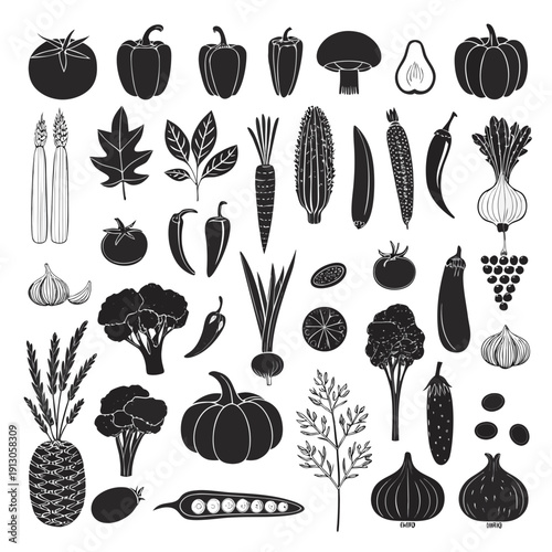 Vegetable silhouette icon set, healthy food and organic farming illustration