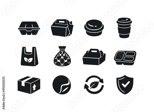 Eco-friendly packaging. Solid icon set of Eco-friendly packaging: food packaging, takeaway box, coffee cup lid, paper cup sleeve, lunch