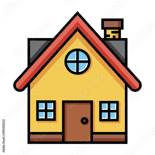 Colorful cartoon house icon with chimney and windows isolated on transparent background.