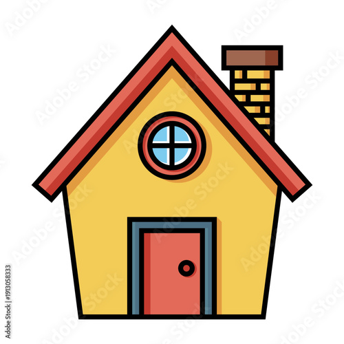 Colorful cartoon house icon with chimney and windows isolated on transparent background.