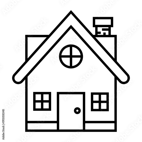 Simple house outline icon with chimney and windows isolated on transparent background.
