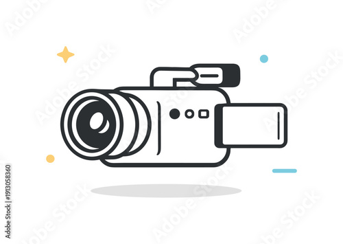 Videography equipment icons. A minimal video camera icon with a lens and small control buttons, drawn with clean lines and soft proportions.