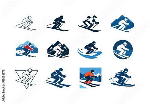 Winter Sports Icons. Winter sports tourism (skiing, snowboarding). Icon set. Set Logo of Winter sports tourism (skiing, snowboarding): skier mid-descent.
