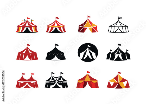    circus performance. Icon set. Set Logo of circus performance: circus tent stage. harmonious logo variations of the same emblematic concept,
