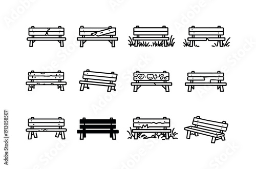    Abandoned Bench. Line icon set of Abandoned Bench: cracked bench, broken plank bench, overgrown bench, bench with weeds, rusted bench, tilted
