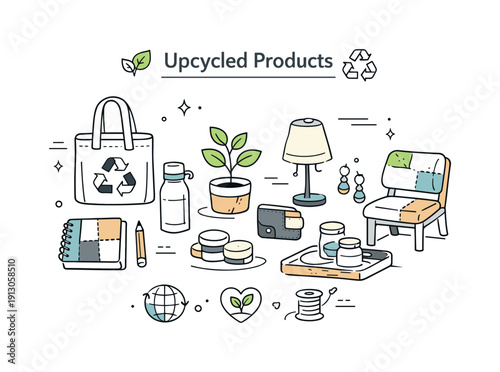 Upcycled products overview. Calm editorial scene showing a collection of everyday items made from reused materials, neatly arranged with