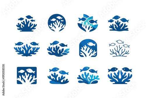 Coral Reef Icons. Coral reef. Icon set. Set Logo of Coral reef: coral and fish. harmonious logo variations of the same emblematic concept, each with different