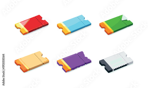 Ticket Texture Icons. Ticket textures. Isometric flat vector icons set of ticket textures: glossy ticket print, matte paper stub, folded corner detail, aged