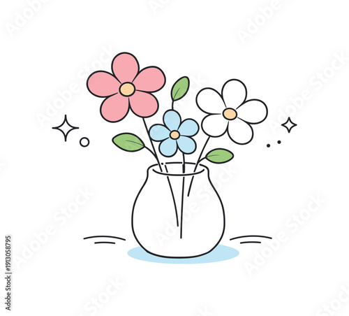 Soft pastel flower arrangements. Minimal vase holding a few flowers with rounded petals, arranged asymmetrically for a natural feel. Peaceful