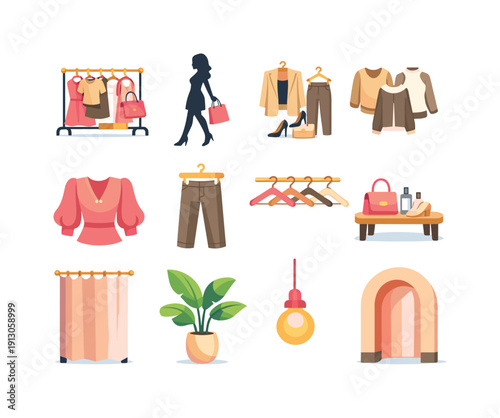    Stylish Boutique. Colorful flat vector icons set of Stylish Boutique: elegant clothing rack, shopper silhouette, curated outfit set, neutral