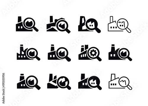    Factory inspection. Icon set. Set Logo of factory inspection: quality control stamp icon. harmonious logo variations of the same emblematic
