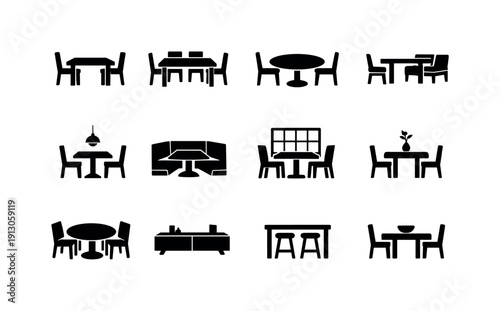 Minimal Dining Icons. minimal dining space. Solid icon set of minimal dining space: simple table, clean chairs, uncluttered layout, minimalist furniture, open