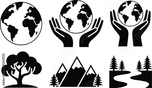 Black and White Environmental Icons Featuring Globe in Hands, Trees, Mountains and River Landscape for Sustainability and Conservation Concept Design Eco Friendly Branding Illustration