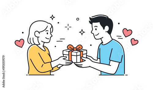 Expressing love through gift-giving and special occasions. A warm scene with a person handing a wrapped gift to another, gentle smiles and
