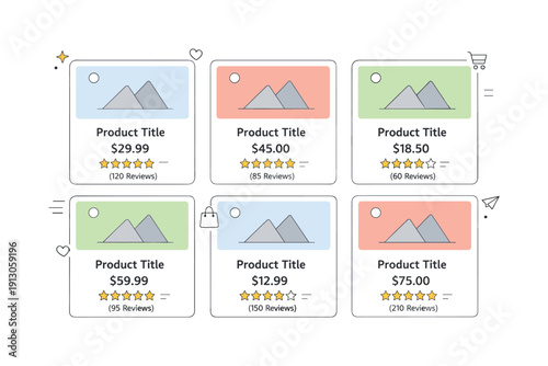    Marketplace product cards layout. A clean editorial scene with several product cards showing    placeholders, titles, prices, and rating