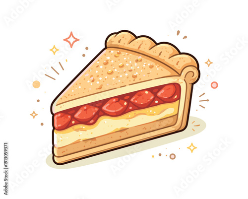 Pie slice close-up. A neatly cut slice with visible layers and filling, presented clearly and appetizing. Small abstract dots highlight