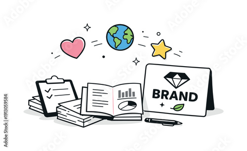 Purpose washing and branding. A polished brand card with heart or planet icons floating above routine paperwork. The mood suggests