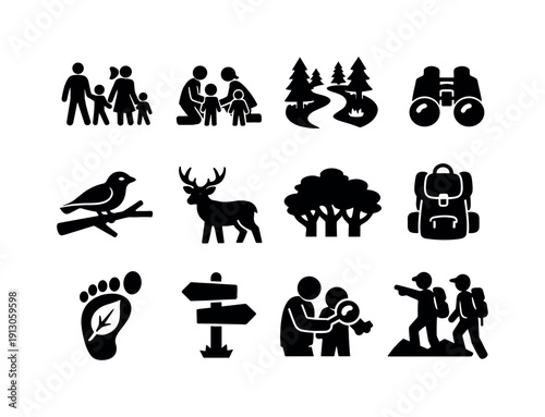    Family Nature Walk. Solid icon set of Family Nature Walk: family walking together, parents with kids, forest trail path, binoculars wildlife