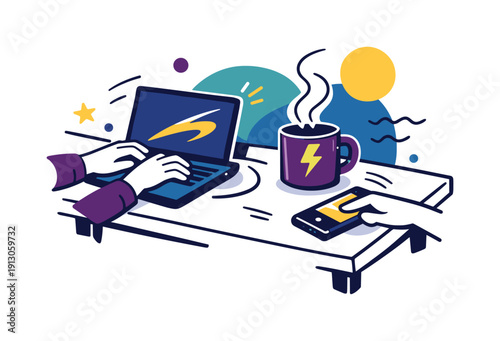   Daily life moment. Coffee table holding a laptop, coffee mug, and phone, light motion lines