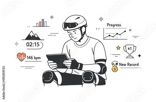 Extreme sports analytics. Athlete reviewing performance stats and records on a tablet after an event. Reflective, professional mood with