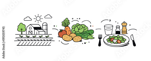    Farm to table concept illustration. Fresh vegetables arranged between a small farm field and a dining table, calm connection between harvest