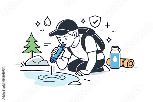 Portable water filters. Person using a small personal filtration device outdoors, calm and practical everyday moment. Visual story of