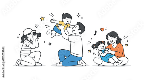 Capturing family memories. Photographer documenting playful interaction between parents and children. Warm, optimistic scene about preserving