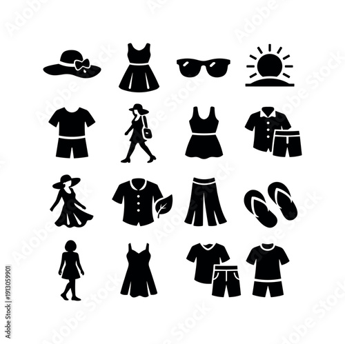 Outdoor Summer Fashion. Solid icon set of Outdoor Summer Fashion: sunhat fashion, casual dress, sunglasses style, sunny background, warm