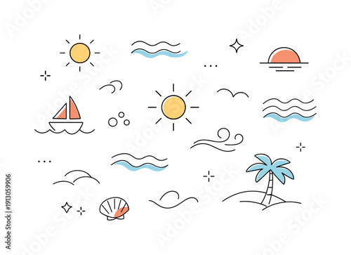 Abstract summer shapes background. Repeating abstract elements inspired by sun, waves, and breeze, spaced with plenty of white space. The