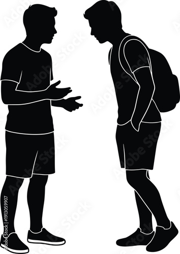 Two teenage boys talking silhouette, student discussion with backpack, black and white vector illustration isolated on white background