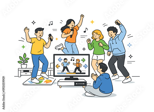 Interactive home entertainment experiences. A group of friends participating in a music or dance-based interactive activity at home. The