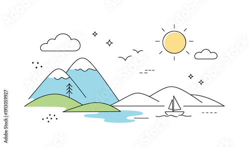   Travel editorial backdrop. Minimal abstract shapes suggesting mountains, clouds, and sun, creating a calm scenic environment for editorial