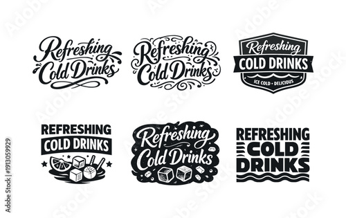 Artistic Drink Lettering. Refreshing cold drinks. Set lettering. harmonious lettering variations of the same emblematic concept, each with different artistic