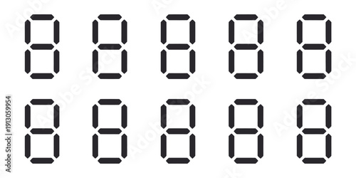 Digital number display set, showcasing black and white numeric digits for clocks, calculators, timers, and electronic counter illustrations.