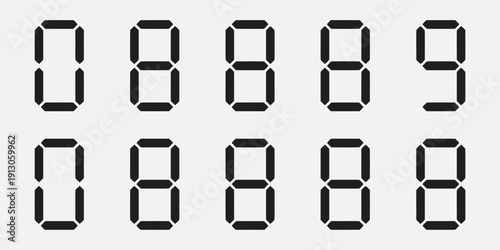 Digital number display set, featuring black and white clock digits, calculator numbers, and electronic counter and timer mockups.