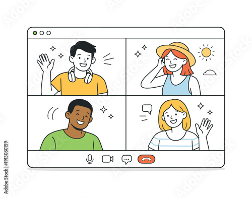    Summer team check-ins online. A short video meeting captures friendly reactions like waving, nodding, or laughing, reflecting warm team