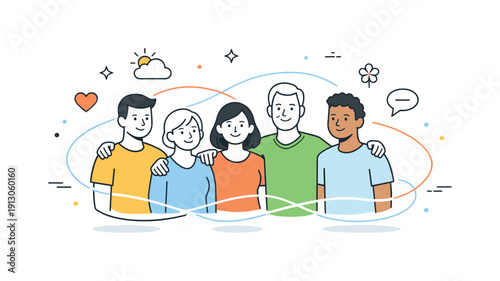 Mental health support. A group of people standing together with gentle connection lines, symbolizing community, understanding, and shared