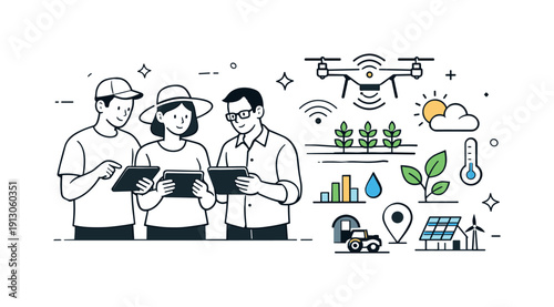 Startups in agriculture technology. Small team of founders reviewing crop data on tablets beside smart farm icons. Calm innovation scene