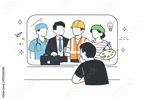    Professional identity crisis inner reflection. A quiet moment of a person looking into a mirror or reflective surface, with different roles